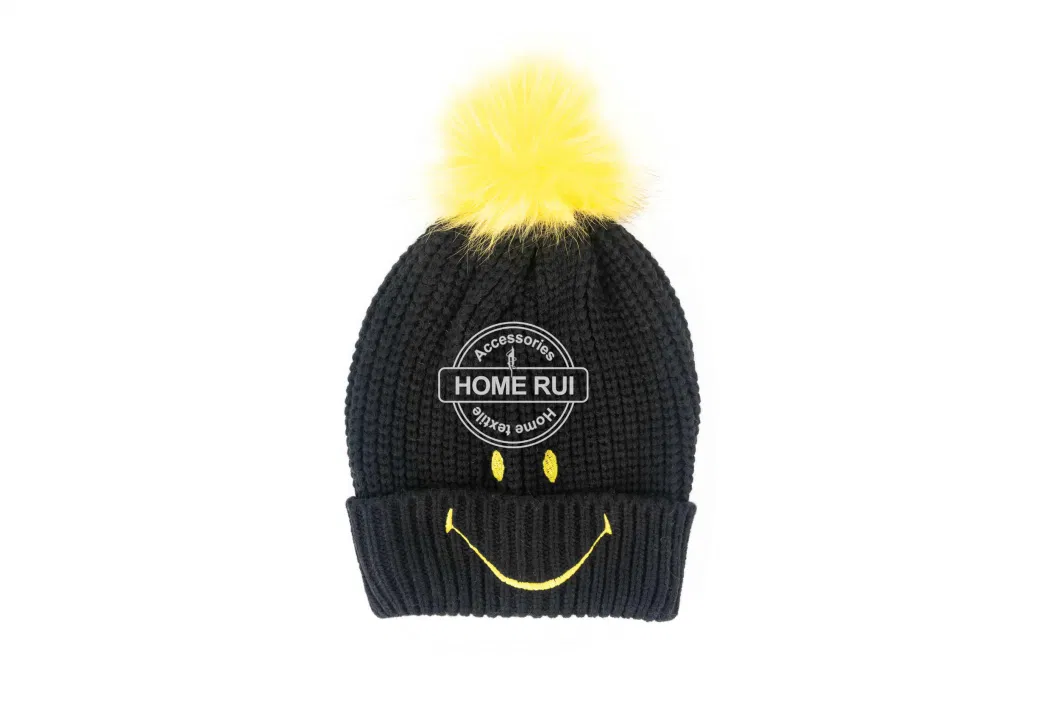 Women Warm Soft Acrylic Black Yellow Pompom Solid Plain Rib Smile Face Embroidery Bonnet Casual Hat Beanie