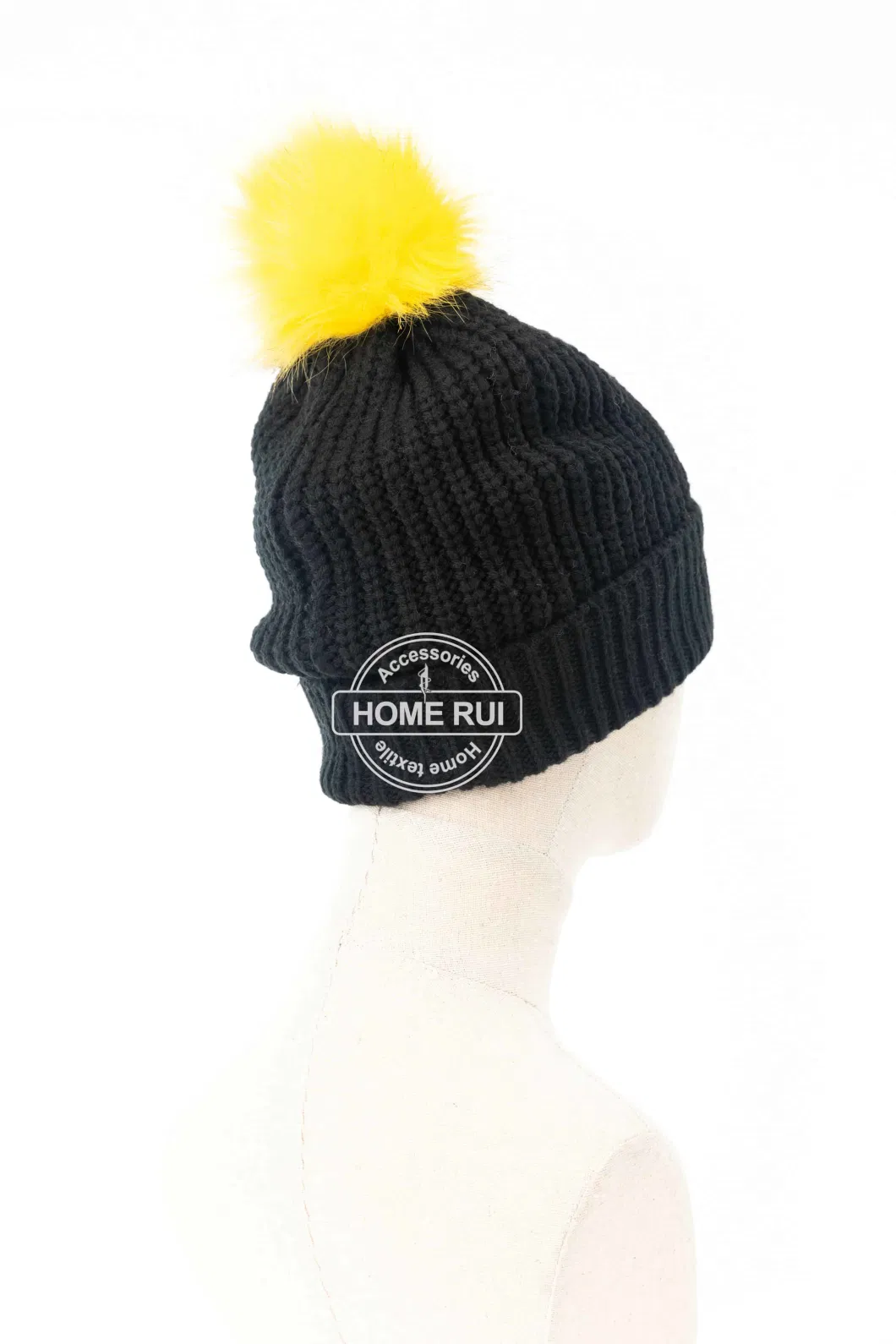 Women Warm Soft Acrylic Black Yellow Pompom Solid Plain Rib Smile Face Embroidery Bonnet Casual Hat Beanie