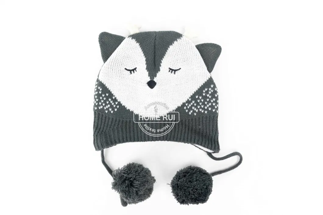 Kids Girl Boy Children Warm Soft Slouchy White Grey Knitted Animal Horn Design Pompom Deco Bonnet Casual Beanie Hat