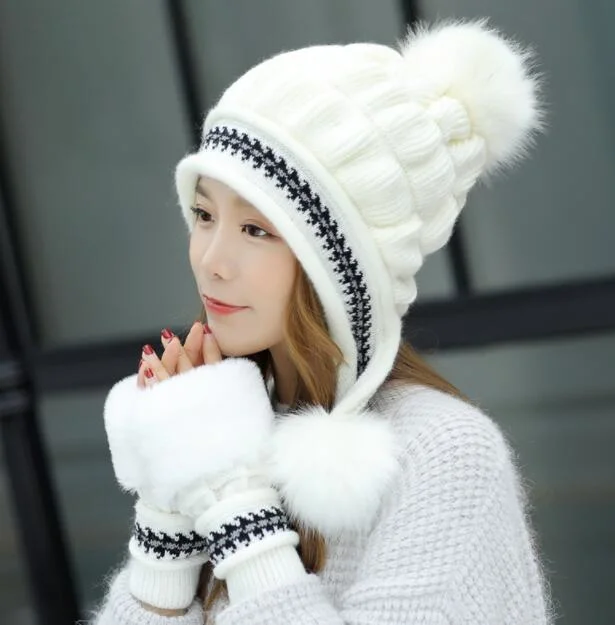 Autumn and Winter 2022 Jacquard Gloves Wool Plus Velvet Ear Protector Toe Warm Knitted Two-Piece Hat