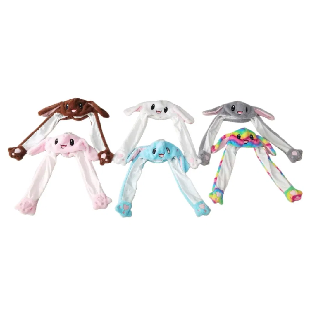 Wholesale Custom 54cm Warm Animal Plush Cartoon Rainbow Rabbit Hats Caps Soft Stuffed Toys Lovely Bunny with Moveable Ears Hat