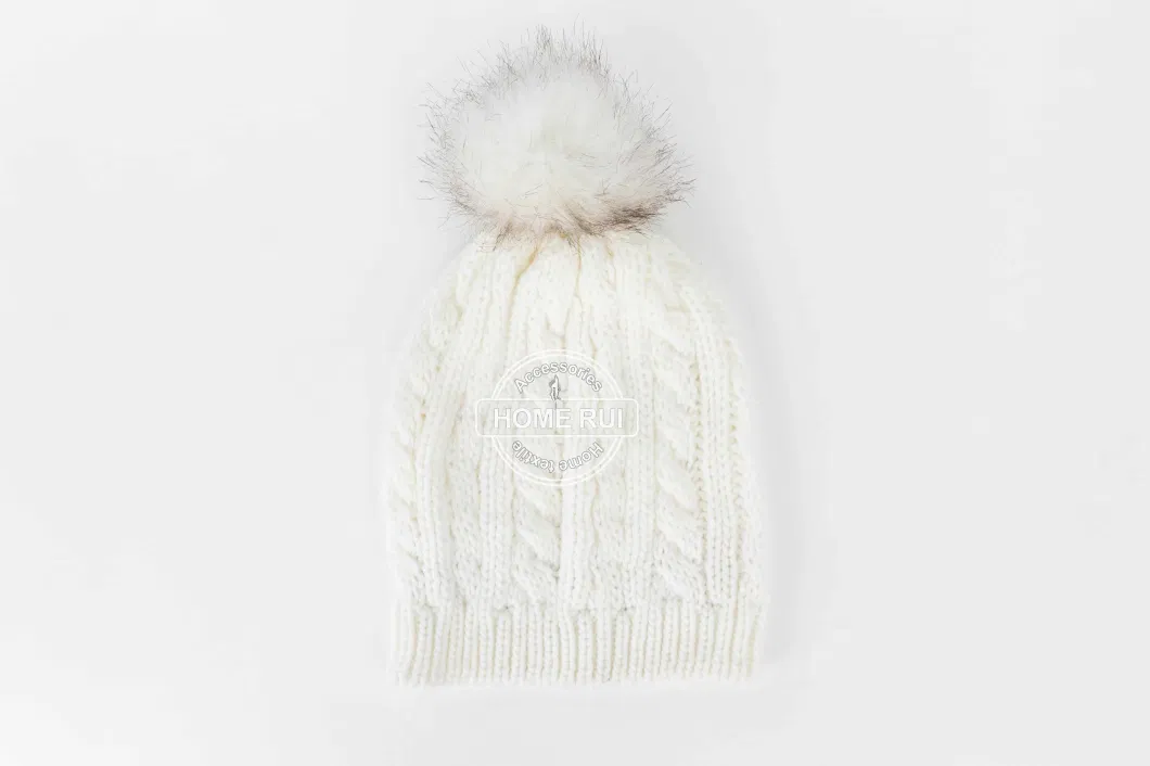 Women Warm Soft Acrylic White Ivory Colour Fur Pompom Knitted Cable Rib Bonnet Casual Hat Beanie