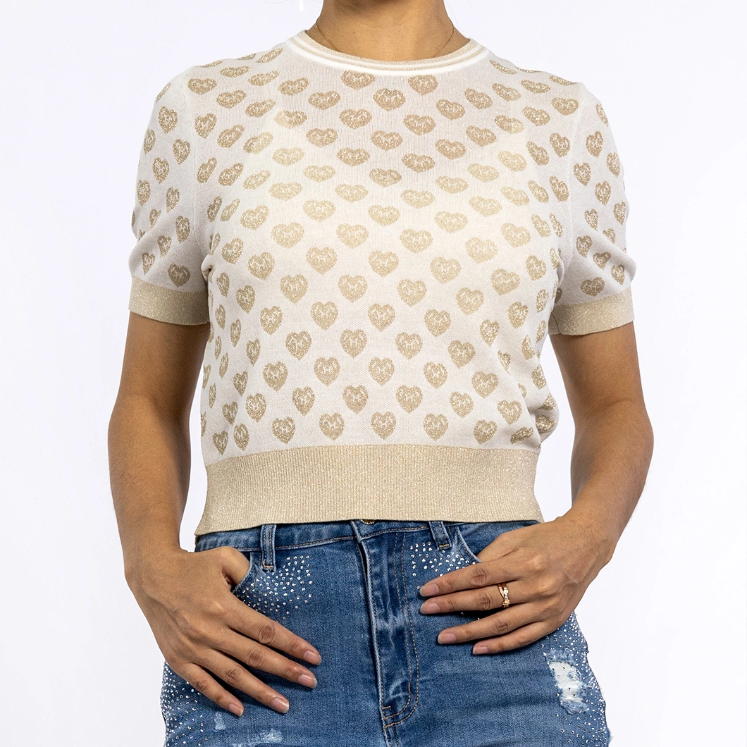 Round Neck Heart Lurex Yarn Crop Knitwear Summer Sweaters Women Tops