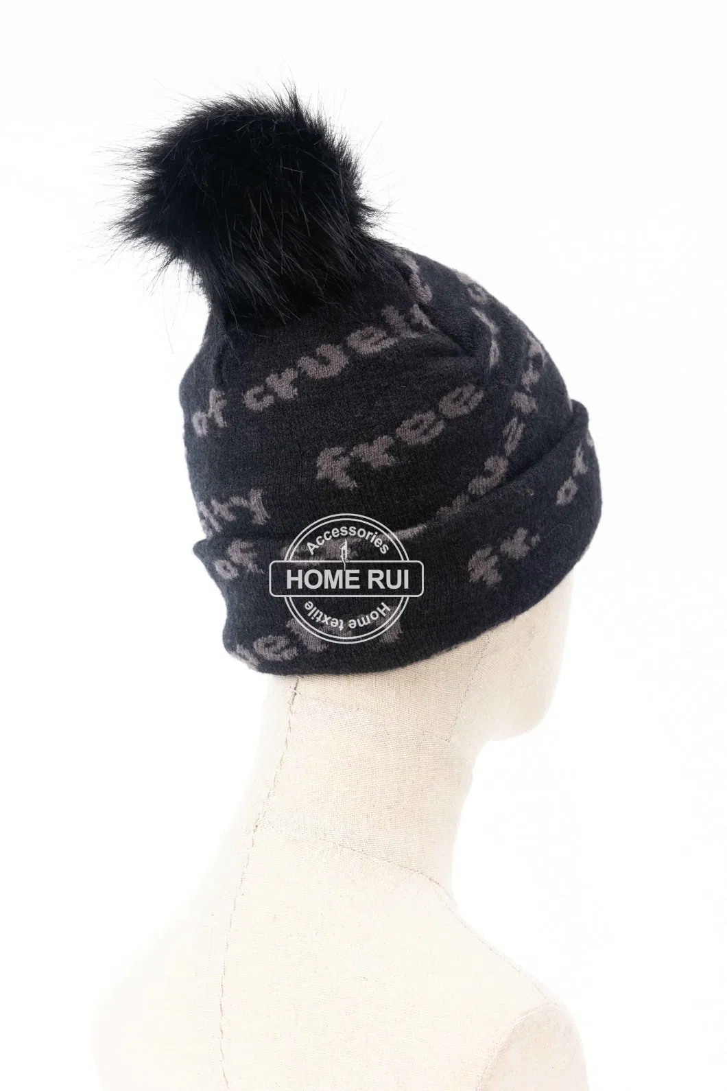 Women Warm Soft Slouchy Acrylic Black Fur Pompom Grey Knitted Jacquard Letter Bonnet Casual Hat Beanie