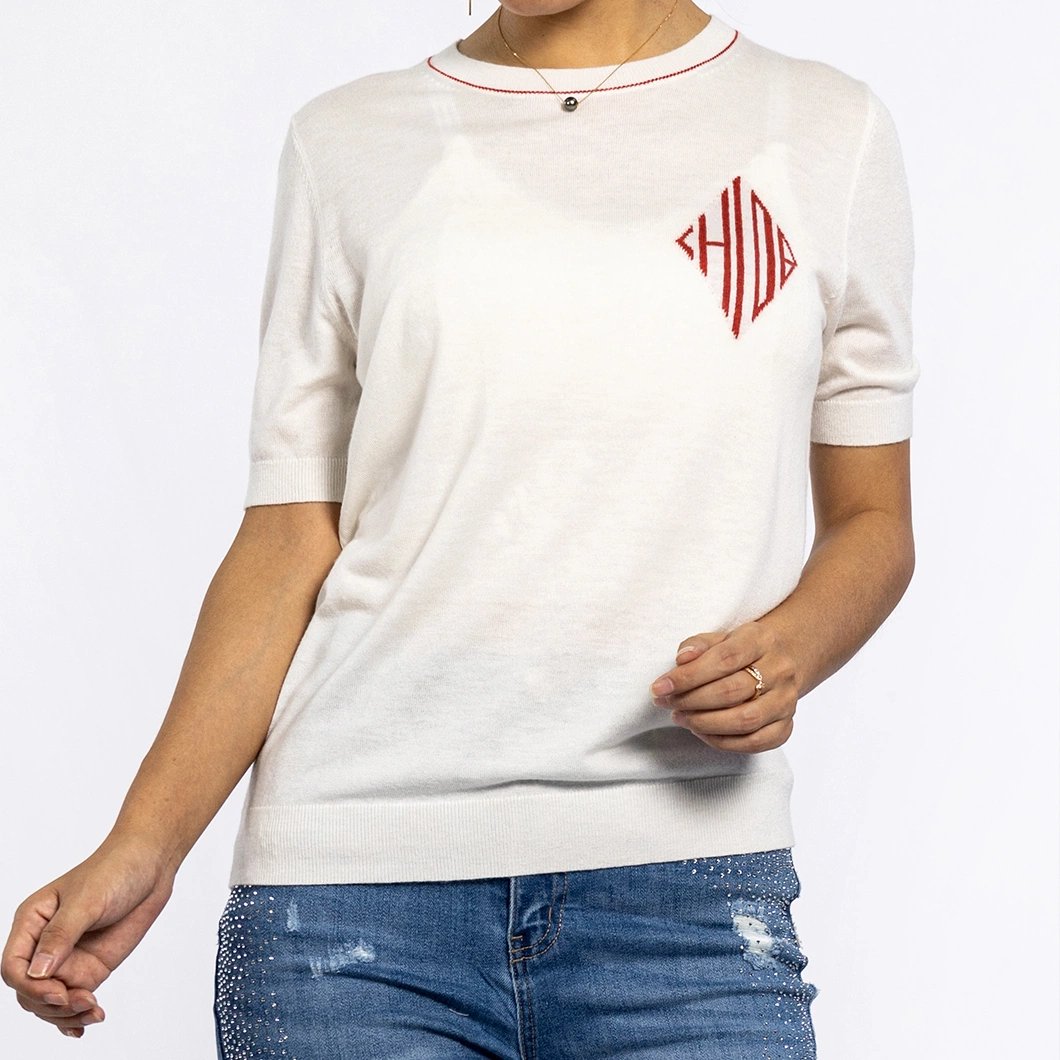 Round Neck White Embroidered Soft Knitwear Lightweight Short Sleeve Sweater Women Tops