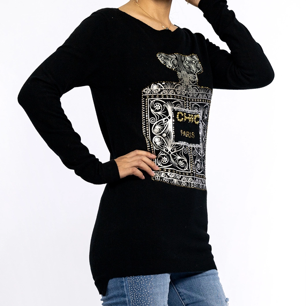 Autumn Round Neck Printed Drill Long Knitwear Pullover Black Sweaters Women Tops