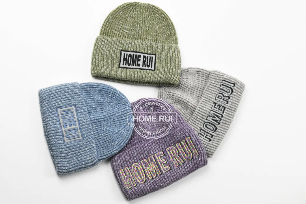 OEM ODM Chunky Thick Designer Beanies Winter Hats with Sequin Bright Yarn Custom Embroidery Logo Leather Patch Woven Label