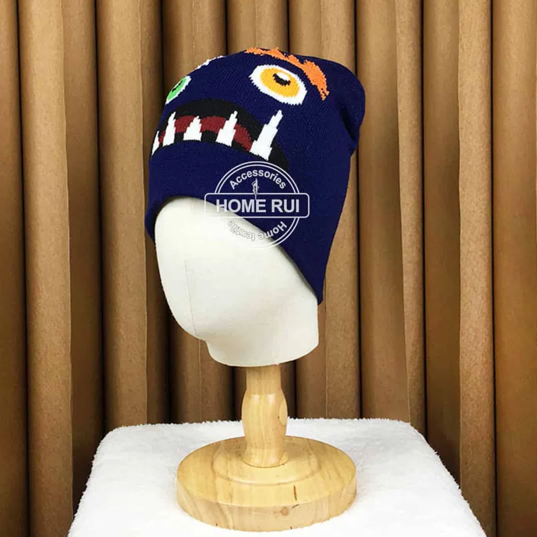 Designer Low MOQ Hats Custom Logo Knitted Monster Face Eyes Feather Eyebow Teeth Jacquard Skully Kids Cartoon Winter Cap Beanie