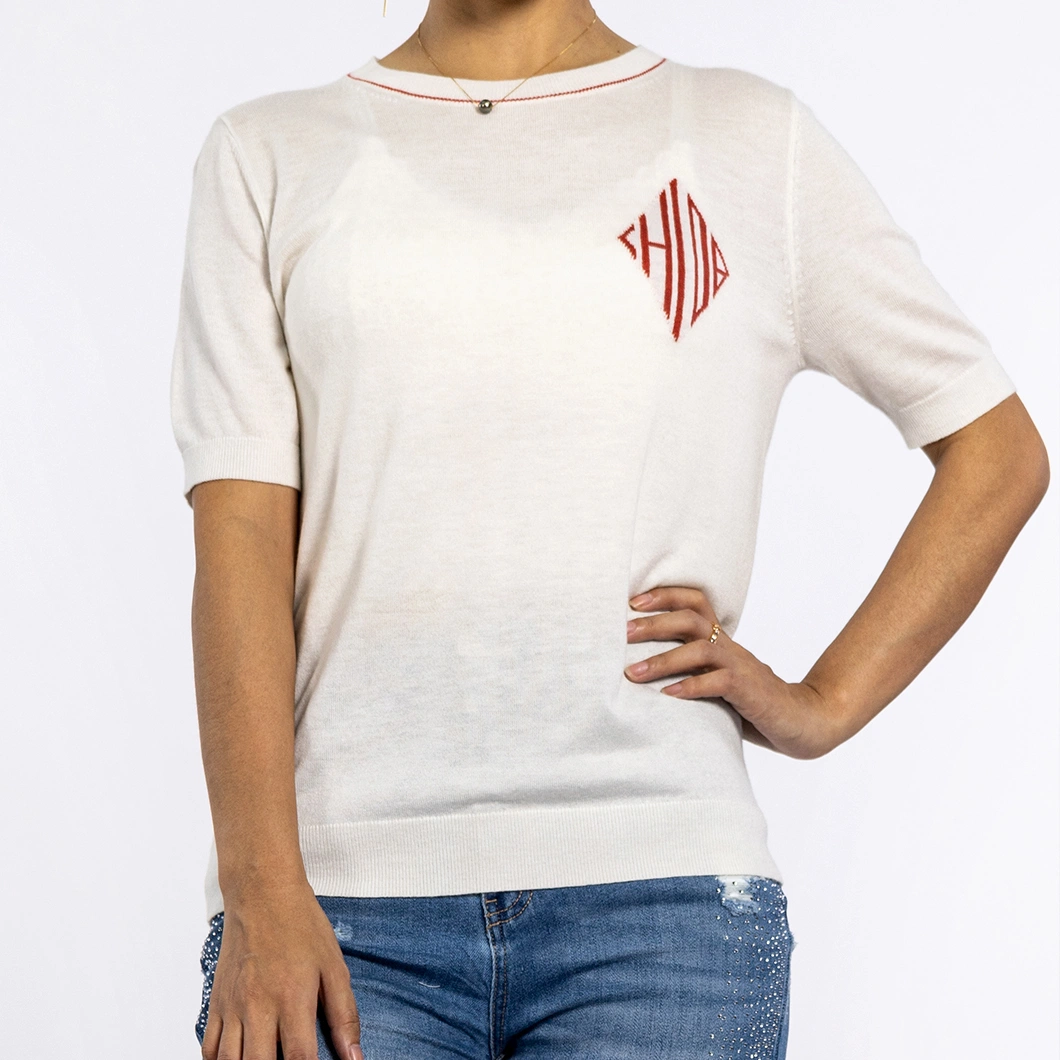 Round Neck White Embroidered Soft Knitwear Lightweight Short Sleeve Sweater Women Tops