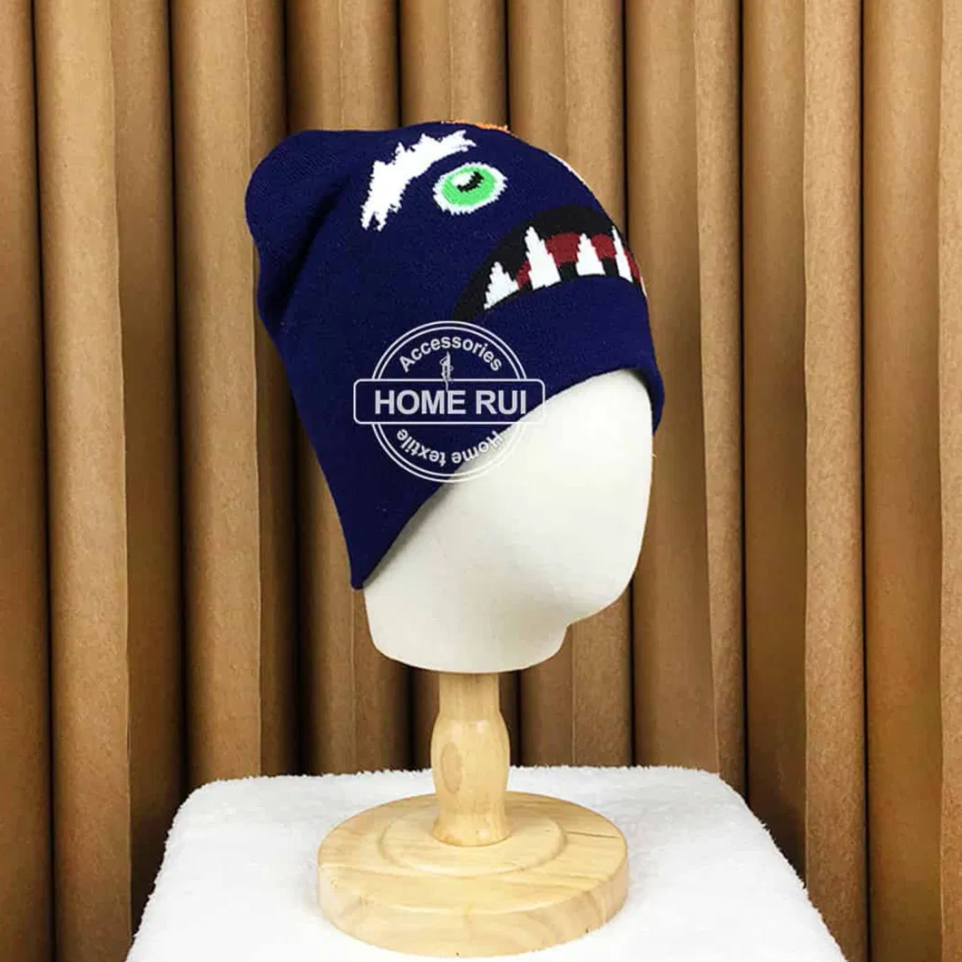 Designer Low MOQ Hats Custom Logo Knitted Monster Face Eyes Feather Eyebow Teeth Jacquard Skully Kids Cartoon Winter Cap Beanie