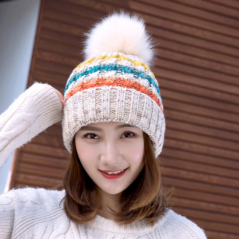 Women Custom Logo High Quality Stripe Ski Knit Hat Acrylic Jacquard Lined POM POM Beanie