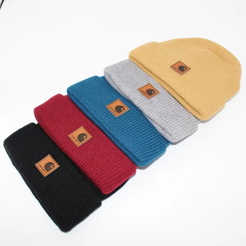 Soft Warn Leather Label Knit Cuffed Solid Beanie Hat