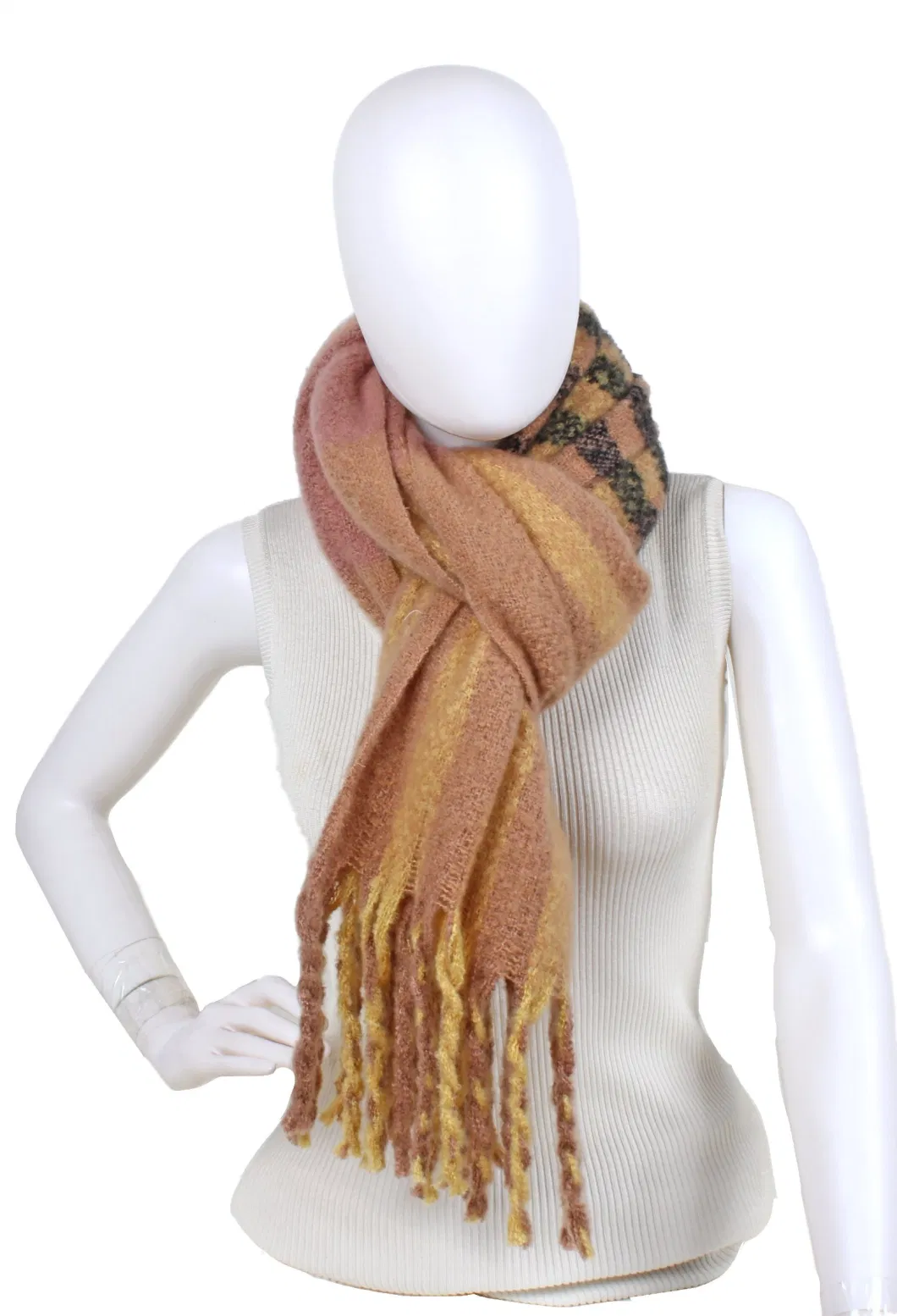 Custom Made Designer Lady Accessories Acrylic Cashmere Stripes Brushed Thick Scarf with Long Tassle