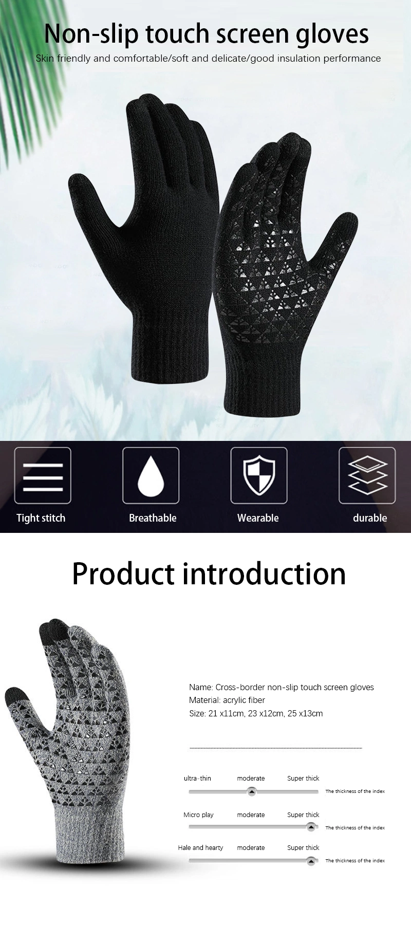 Men Women Thickened Cuff Anti Slip Palm Winter Keeping Warm Touch Screen Mitten Knit Gloves for Texting Driving