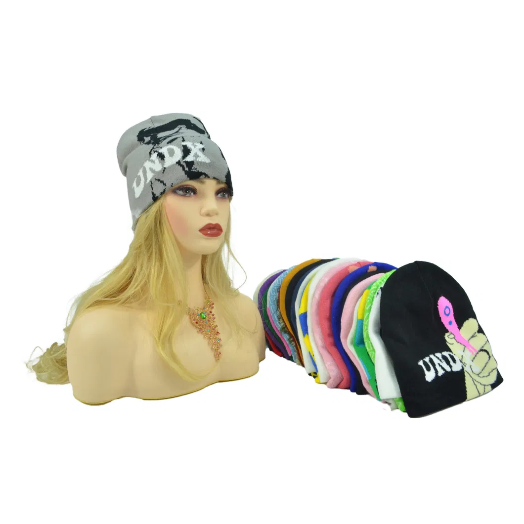 OEM Fashion 100% Acrylic All Over Jacquard Beanie with Custom Embroidery Logo Knitted Warm Winter Hats