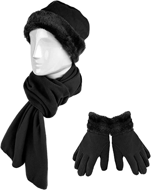 Warm Fleece Winter Hat and Glove Set Hats Gloves Black Scarves