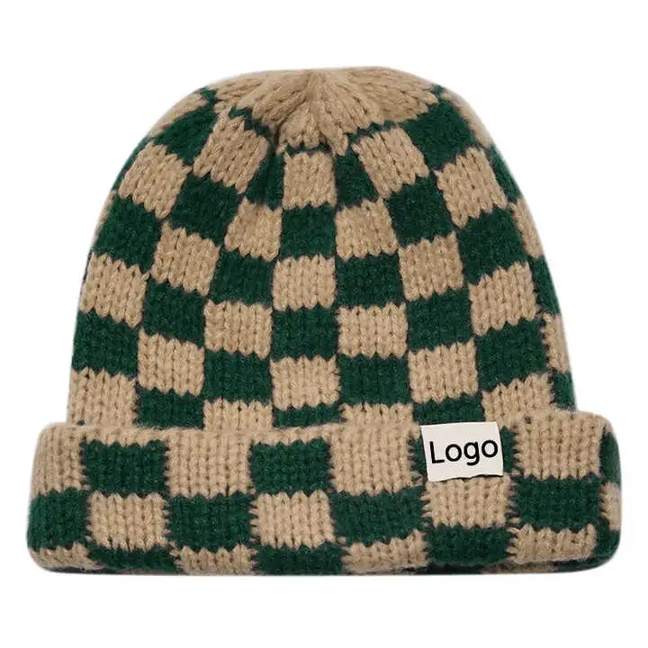 Winter Warm Outdoor Ski Checkerboard Checkered Printed Custom Logo Elastic Knit Beanie Hat