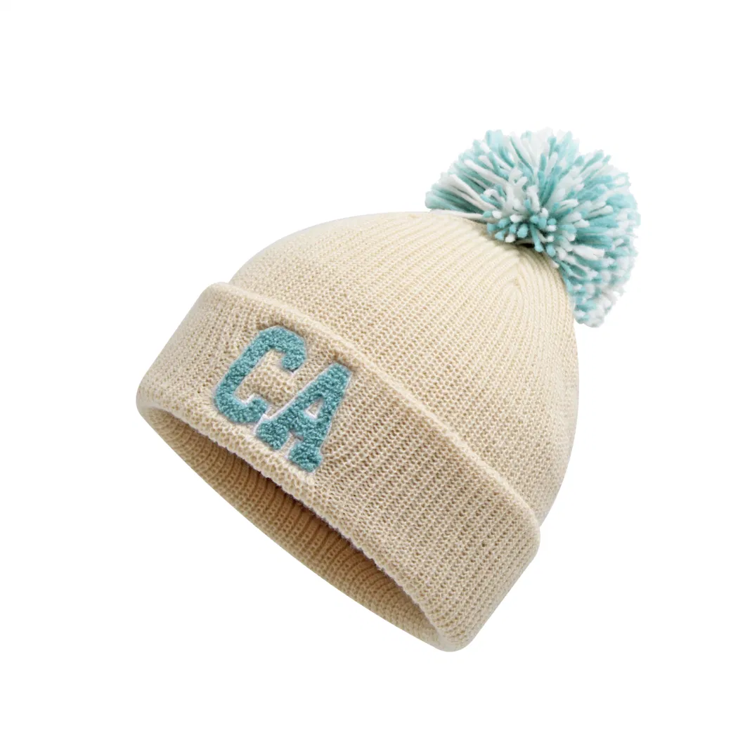 Winter Warm Knittted Acrylic Lady Terry Embroidery Logo Beanie with Thread POM