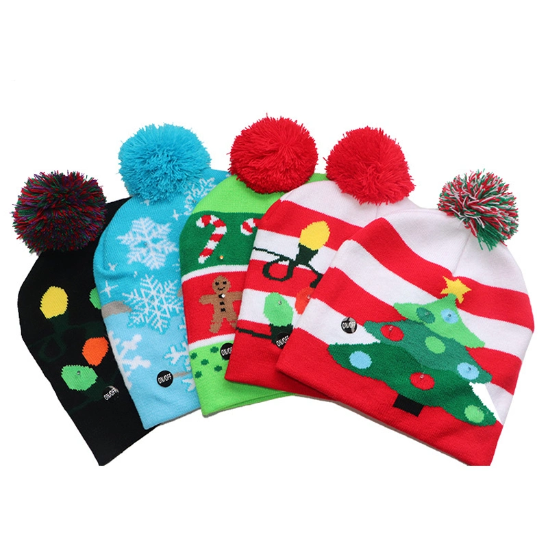 Christmas Hats with LEDs Lights Beanie Knit Tree Santa for Kids Mini Holiday Adult Small Claus Cap Decorations Knitting Hat