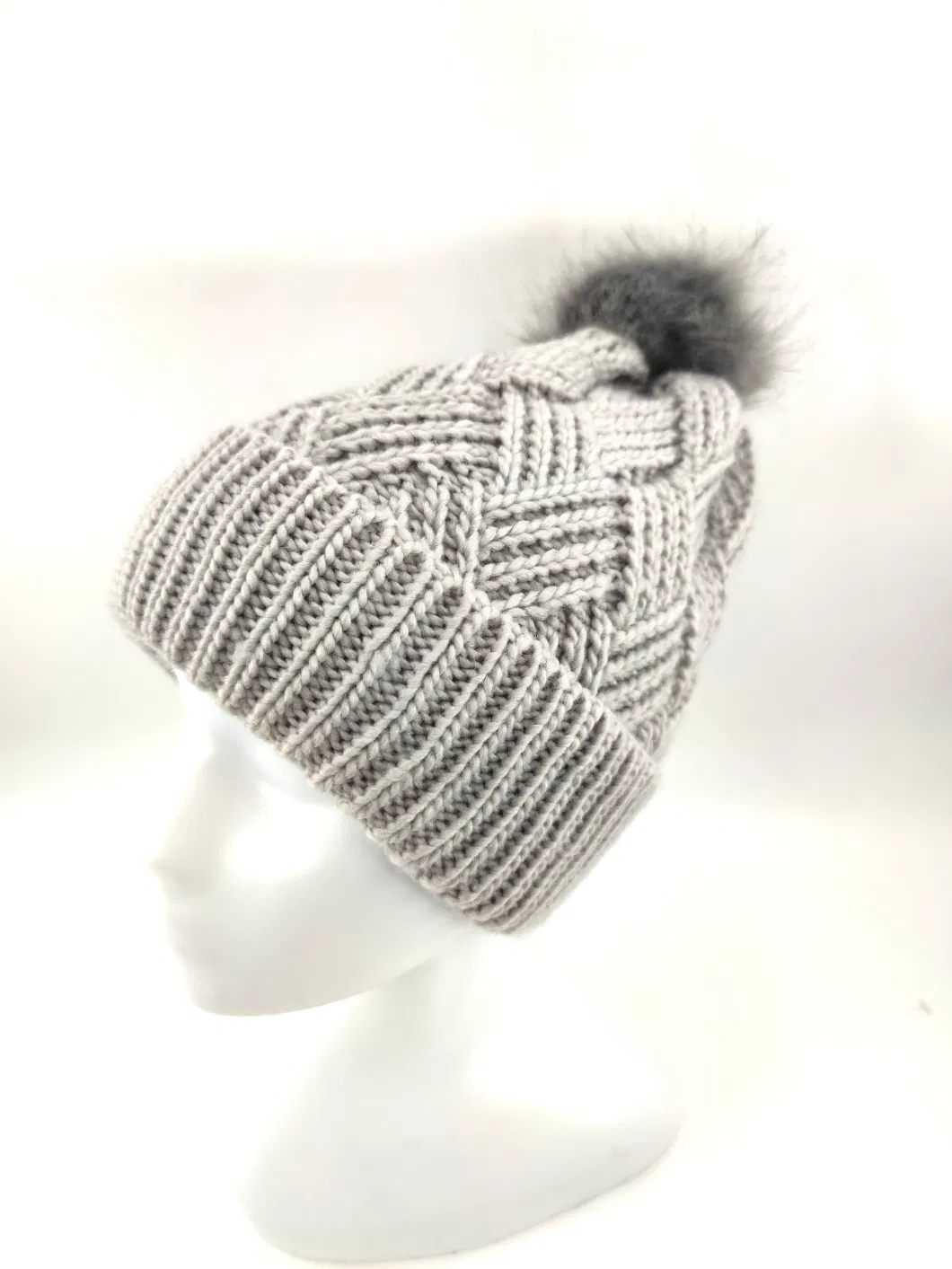 Acrylic Icelandic Yarn Jacquard Knitted Hat Turn up The Cuff with Fake Fur Pompon on Top