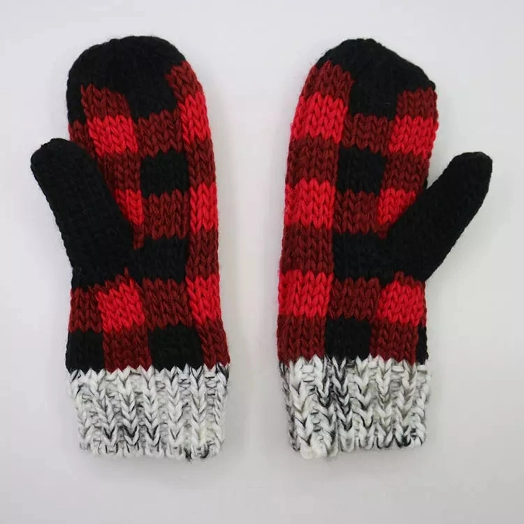 Womens Fashion Fleece Lined Faux Fur POM POM Buffalo Plaid Acrylic Chunky Knit Beanie Winter Hat and Funky Gloves Mittens Set