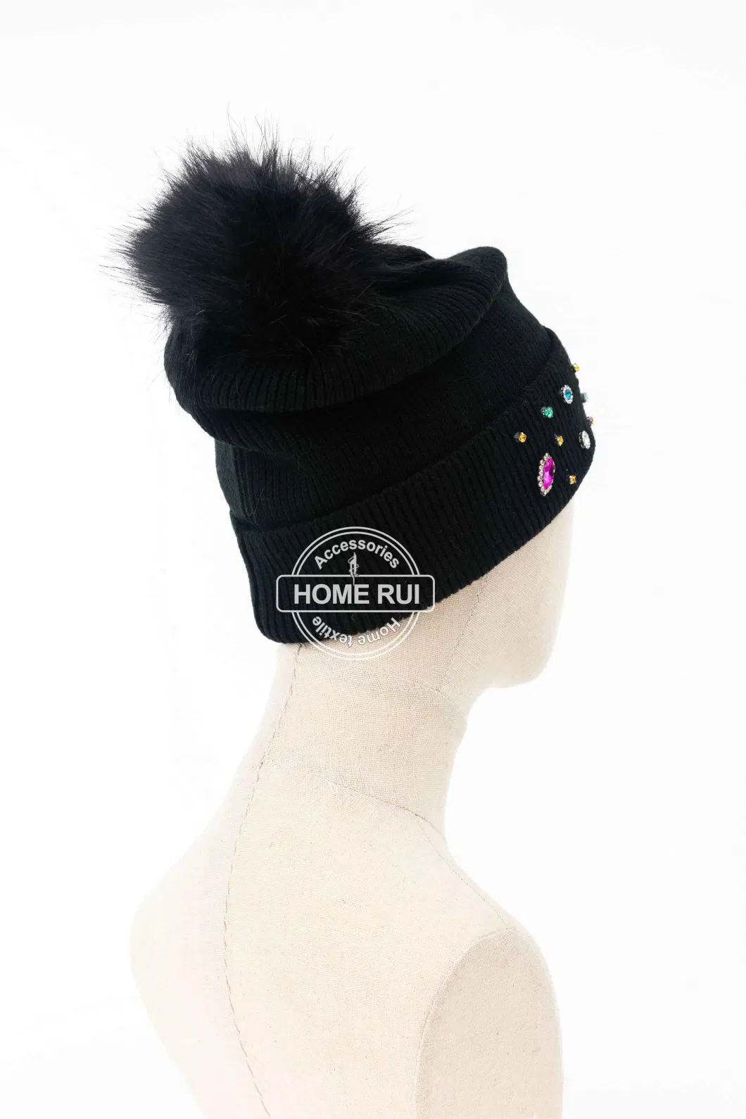 Women Warm Soft Slouchy Acrylic Black Solid Plain Fur Pompom Knitted Rib Sequin Stone Design Bonnet Casual Hat Beanie