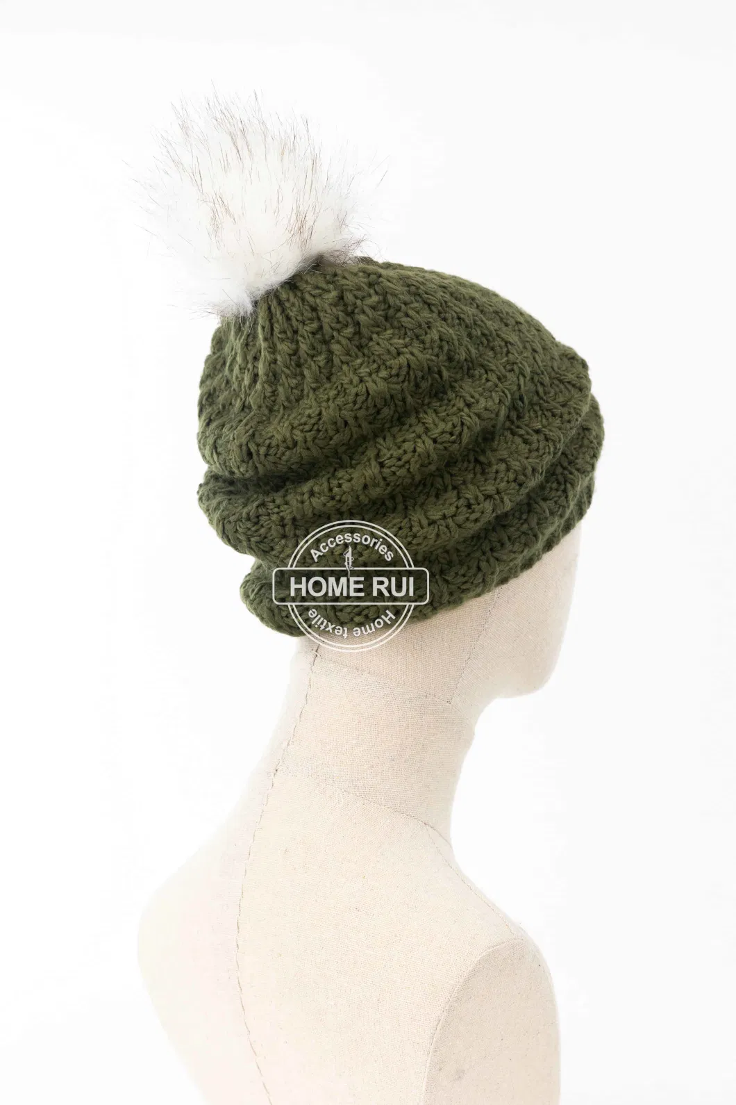 Women Warm Soft Slouchy Acrylic White Fur Pompom Olive Zigzag Knitted Jacquard Bonnet Casual Beanie Hat