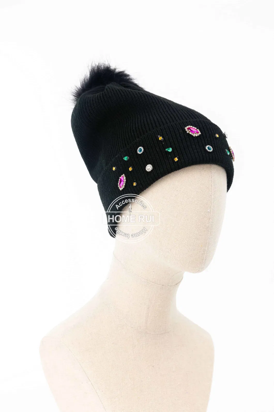 Women Warm Soft Slouchy Acrylic Black Solid Plain Fur Pompom Knitted Rib Sequin Stone Design Bonnet Casual Hat Beanie