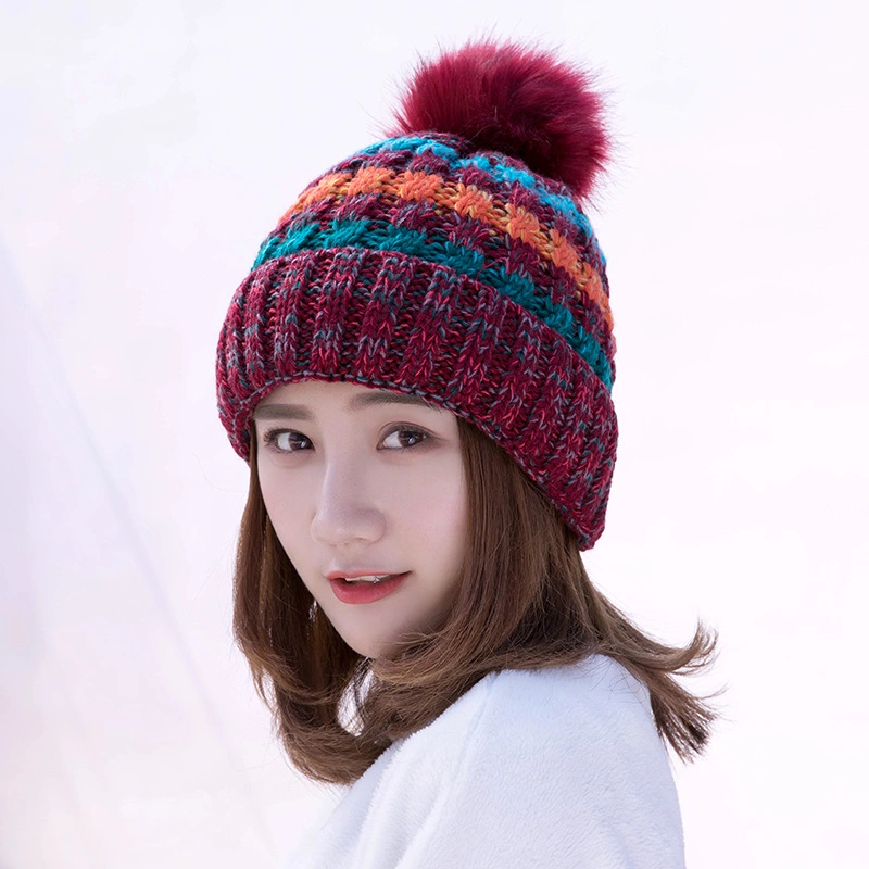 Women Custom Logo High Quality Stripe Ski Knit Hat Acrylic Jacquard Lined POM POM Beanie