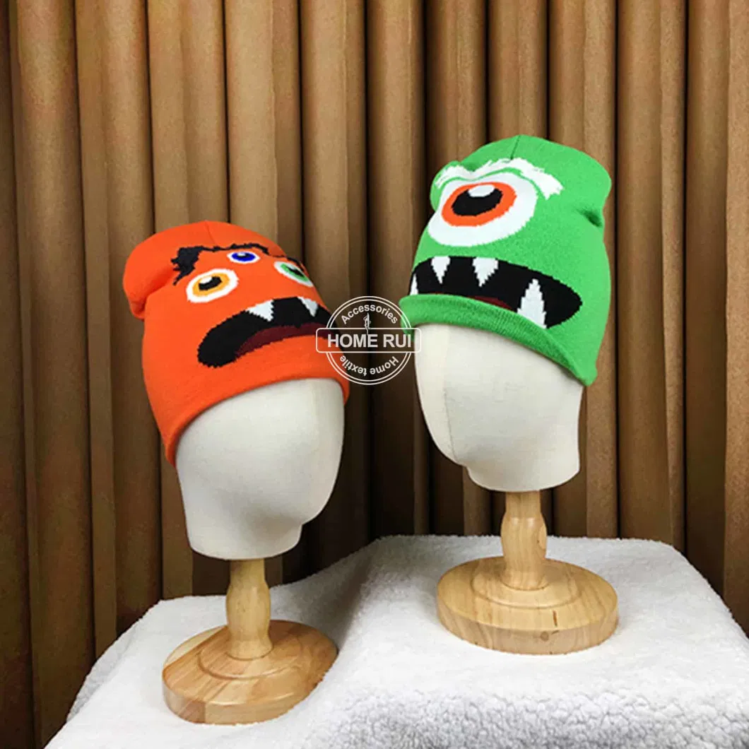 Reversible Cartoon Hats Winter Children Kids Knit Custom Logo Monster Eyes Feather Teeth Face Jacquard Acrylic Skull Cap Beanies