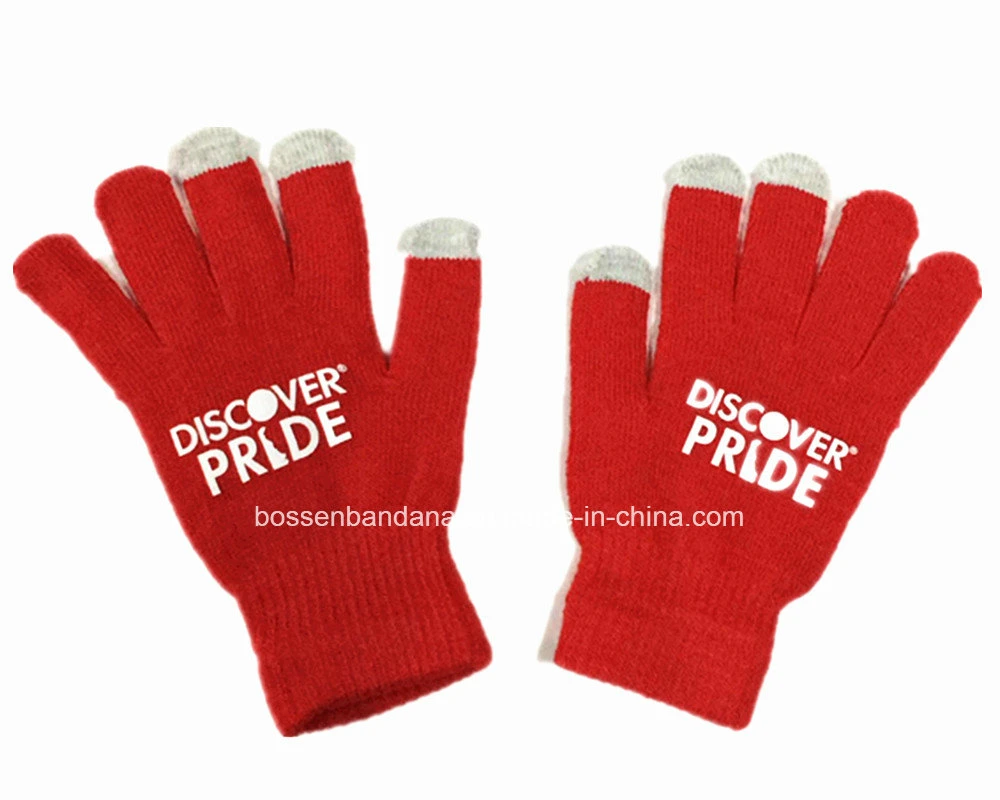 China Factory Produce Customized Logo Printed Red Acrylic Knitted Magic Touch Screen Gloves