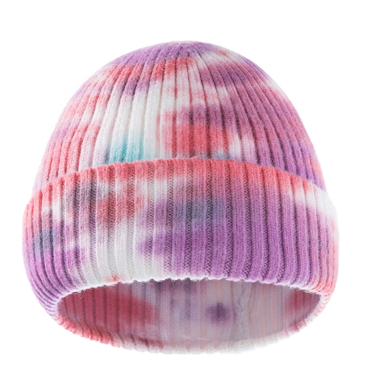 New Design Adults Polyester Custom Logo Tie Dye Knitted Winter Hats Beanies