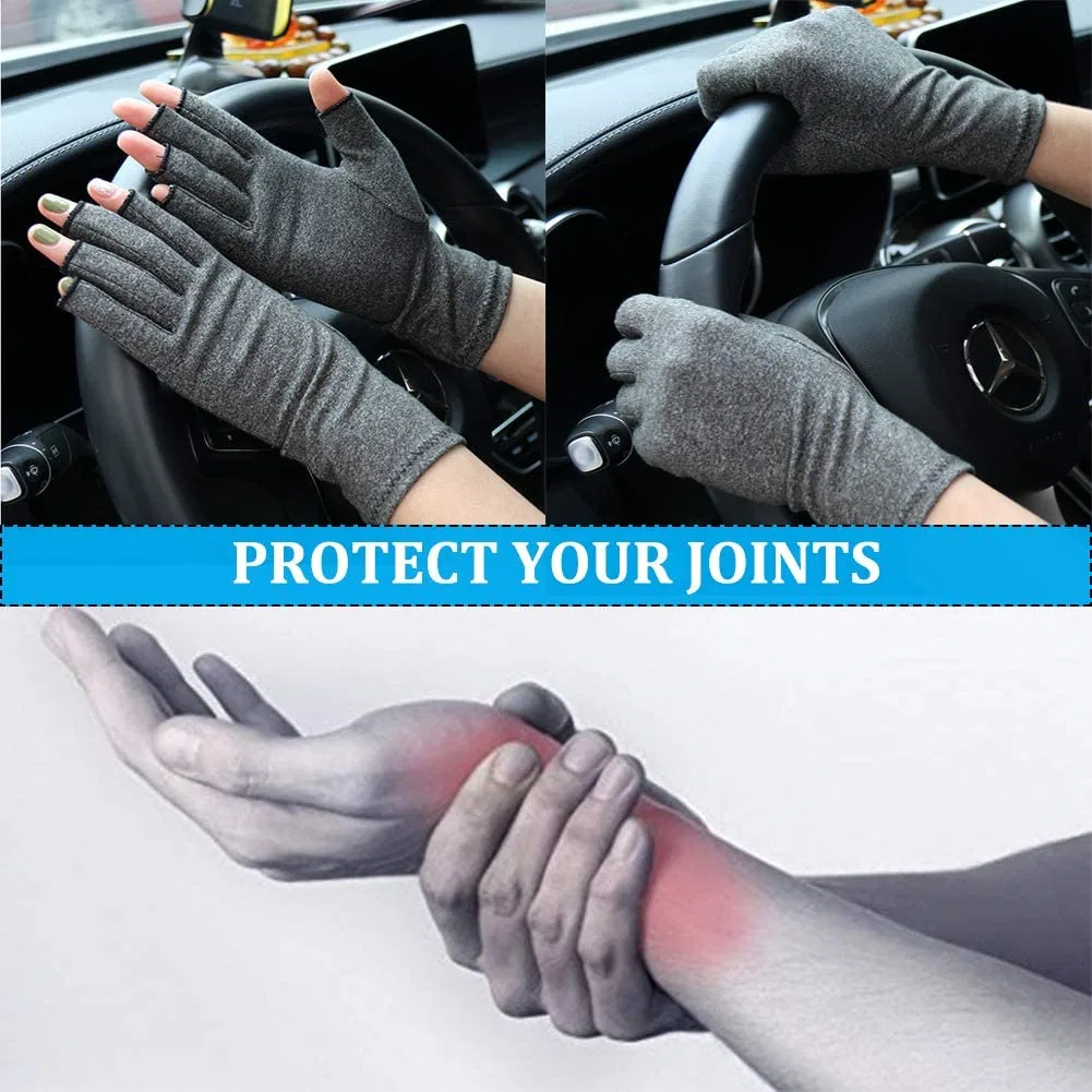 Fingerless Grey Heated Spandex Copper Pain Relieve Therapy Compression Arthritis Gloves