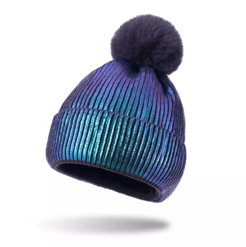 Winter Warm Handcrafted Knit Hat Fur POM POM Womens Girls Custom Sequin Beanie Hat