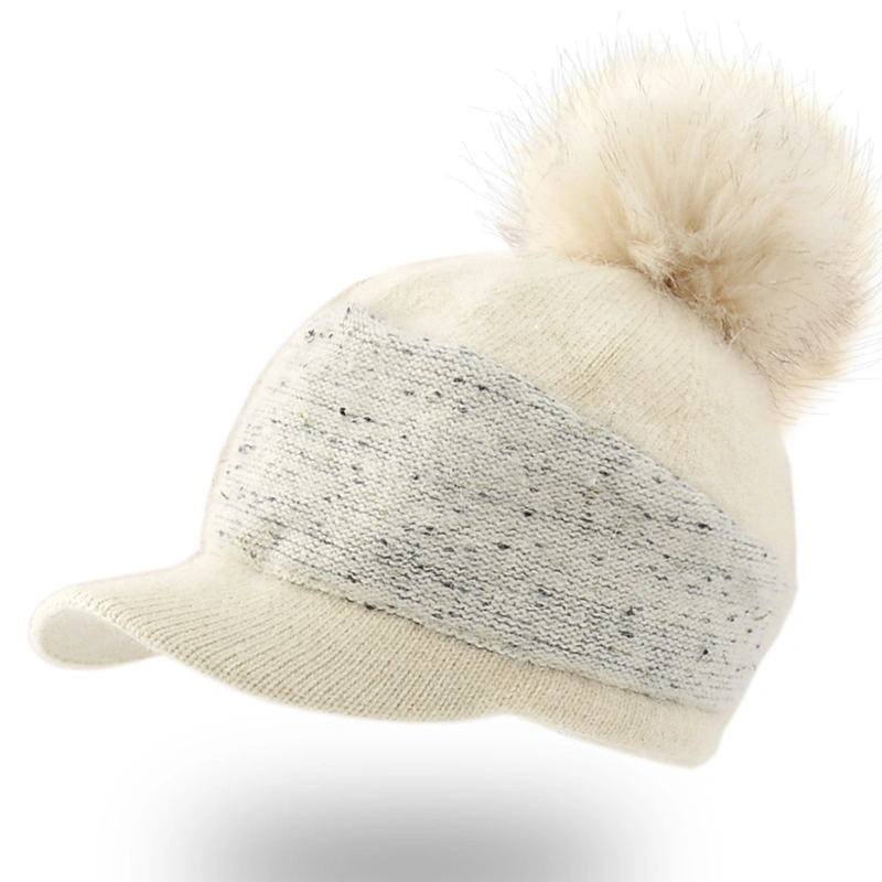 Women&prime;s Winter Knitted Warm Baseball Hat Cute POM POM Rabbit Hair Beanie Hat