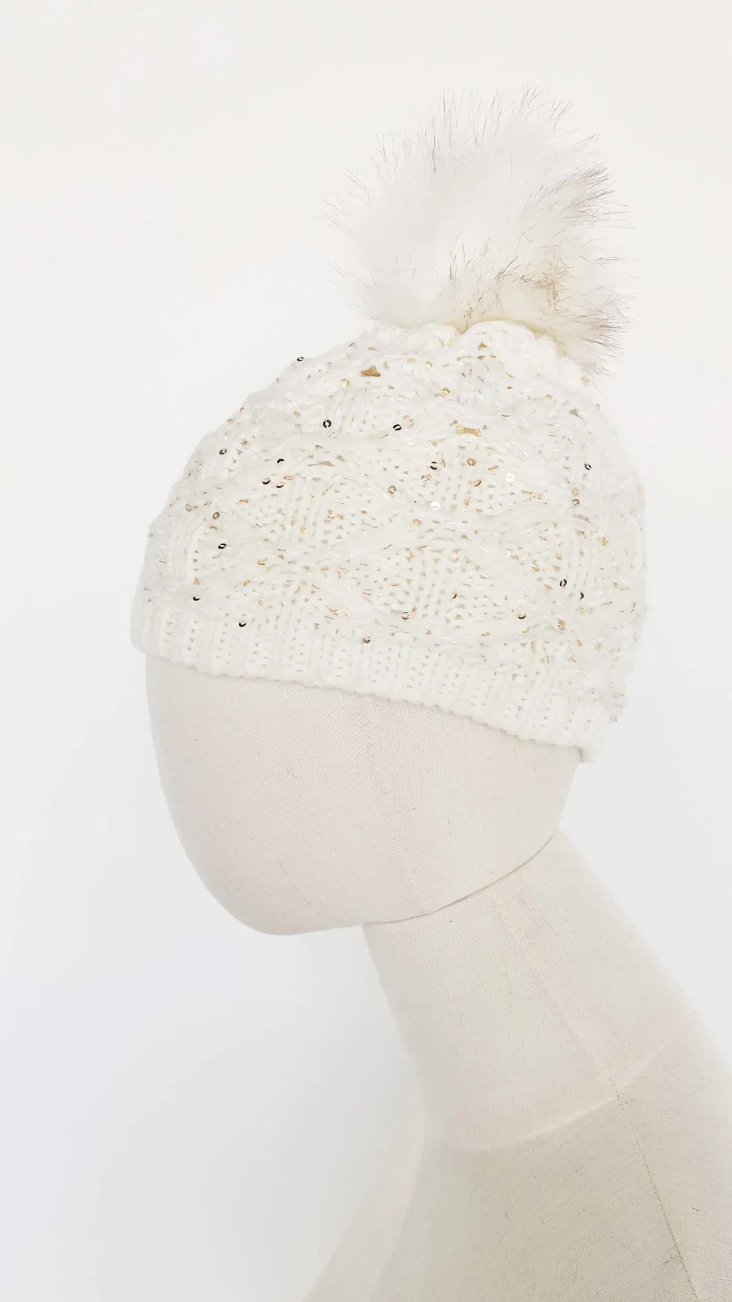 Winter Children Warm Pompom White Sequin Cable Knitted Beanie Hat