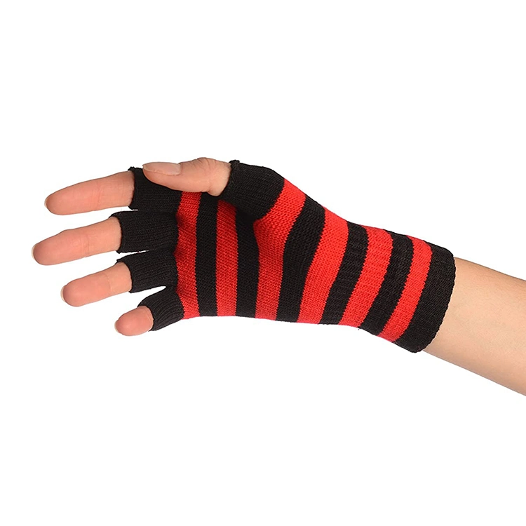 Cozy Stripes Short Knitted Elastic Wool Fingerless Red-Black Acrylic Gloves