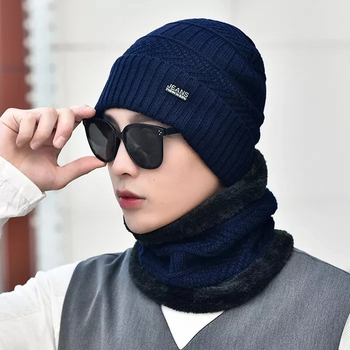 Velvet Lined Thicken Ski Skull Caps Men Kids Winter Hat Scarf Set Neck Warmer Wool Knitted Beanie Hats