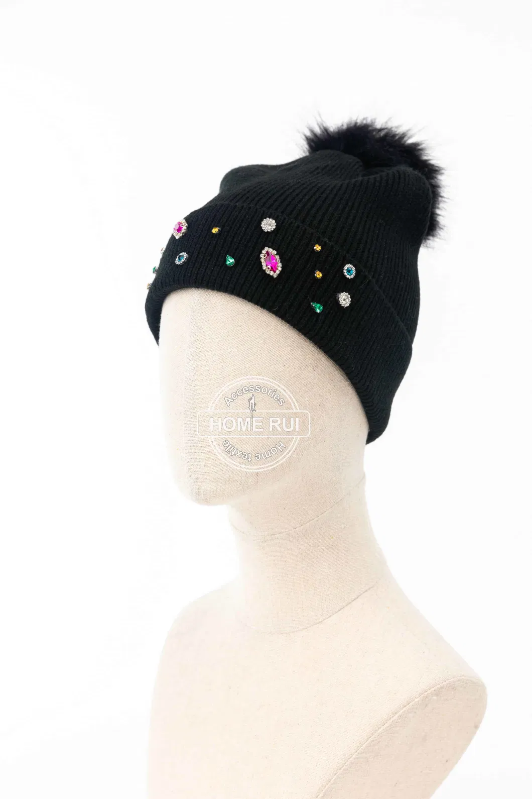 Women Warm Soft Slouchy Acrylic Black Solid Plain Fur Pompom Knitted Rib Sequin Stone Design Bonnet Casual Hat Beanie