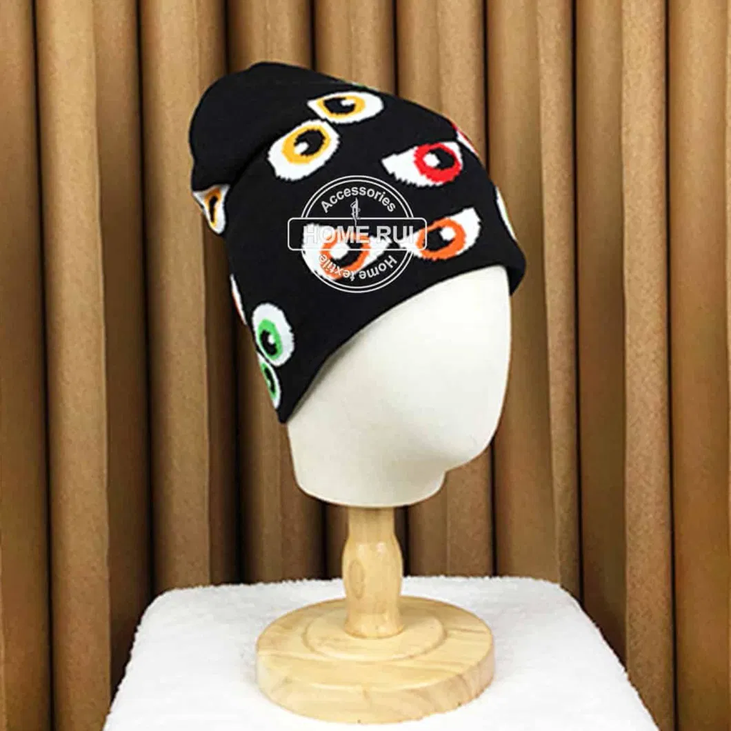 Manufacturers Custom Logo Knitted Hat Kids Child Hair Monster Eyes Skully Chunky All Around Print Jacquard Acrylic Winter Beanie