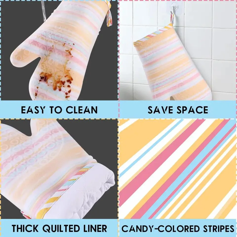 Silicone Oven Mitts Transparent Clear Silicone Shell with Printing Cotton Quilted Lining Kitchen Oven Gloves Pot Holder