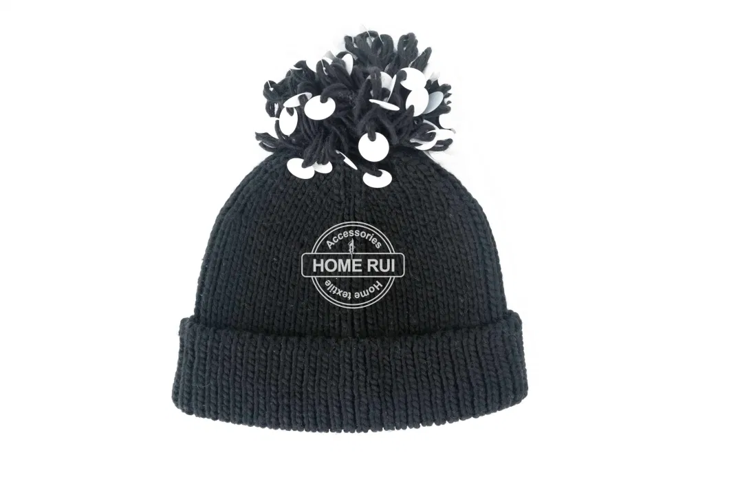 Home Rui Women Lady Girl Bobble Pompom Silver Sequine Detachable Applique Glitter Black Hat Bonnet Junior Decorative Beanie