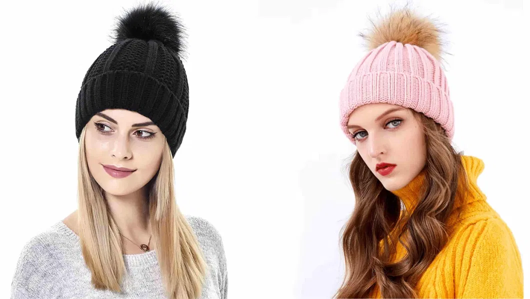 Beanie Hats Manufacturer Custom Embroidery Logo Low MOQ Chunky Warm Thick Ribbed Knitted Winter Faux Fur POM POM Beanie