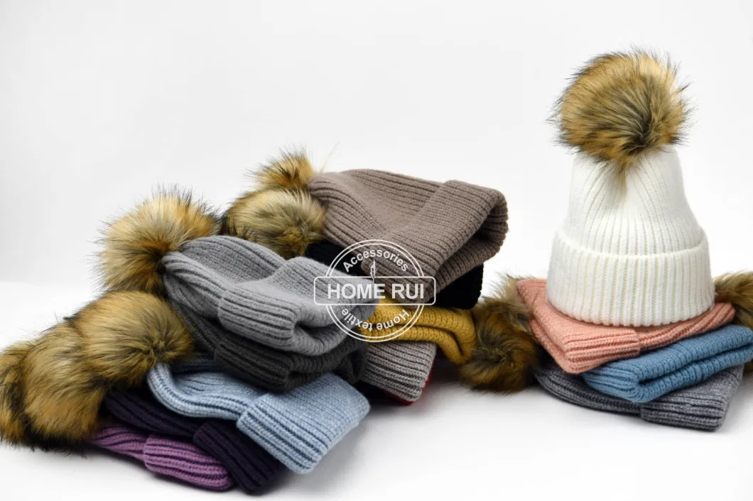 Beanie Hats Manufacturer Custom Embroidery Logo Low MOQ Chunky Warm Thick Ribbed Knitted Winter Faux Fur POM POM Beanie