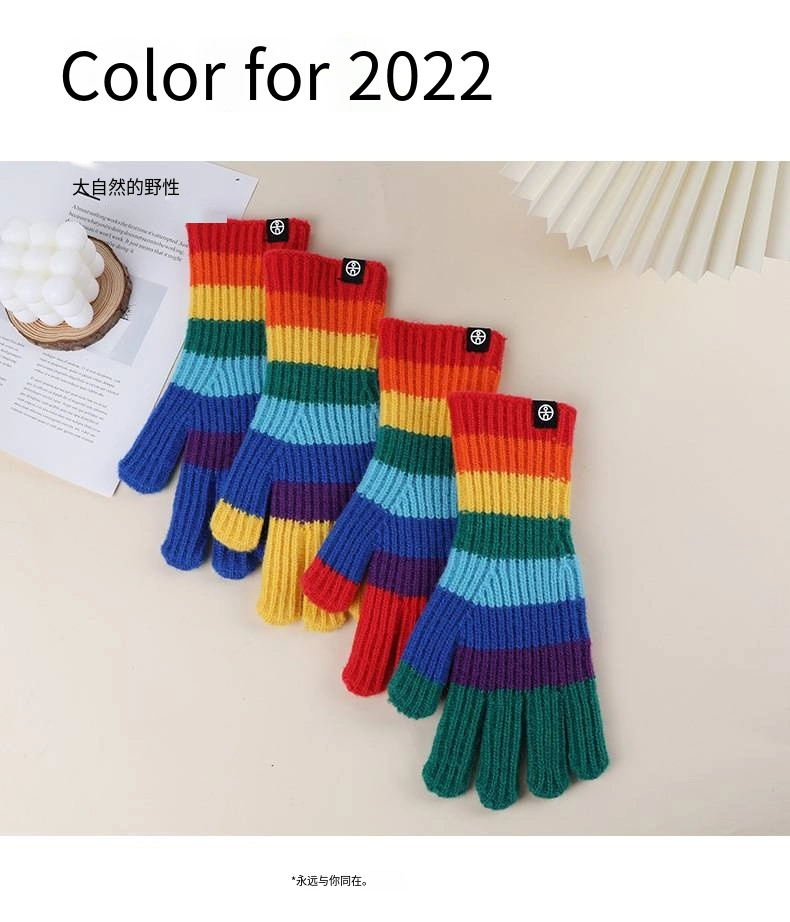 Colorful Rainbow Stripes Style Fashion Soft Warmer Winter Long Wholesale High Quality Sheepskin Wool Knitting Gloves