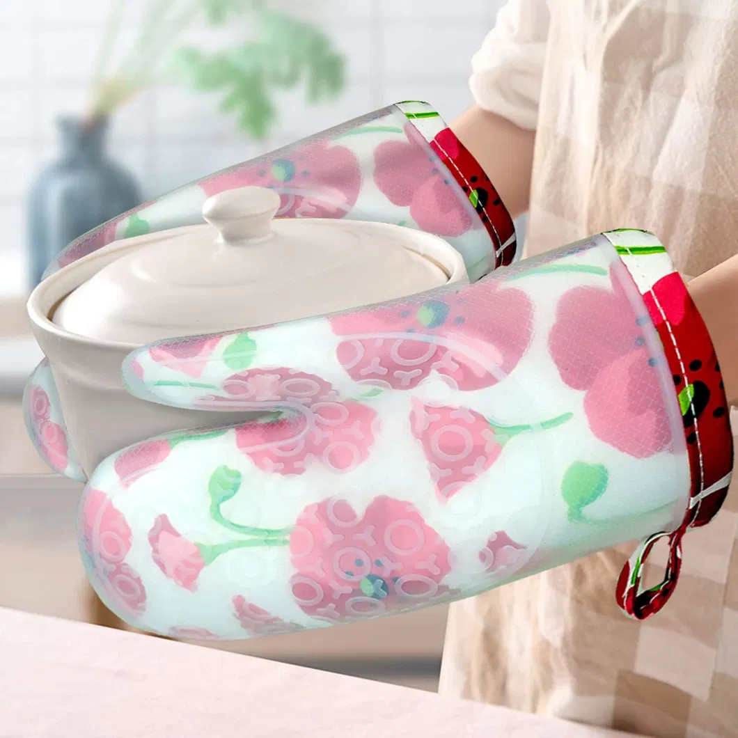 Silicone Oven Mitts Transparent Clear Silicone Shell with Printing Cotton Quilted Lining Kitchen Oven Gloves Pot Holder