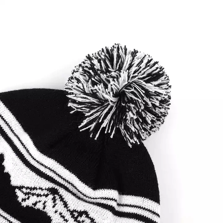 Custom Hot Selling Products Winter Pompom Beanie 100% Acrylic Children Unisex Beanie Hats Embroidery Patch Black Jaquared Beanie