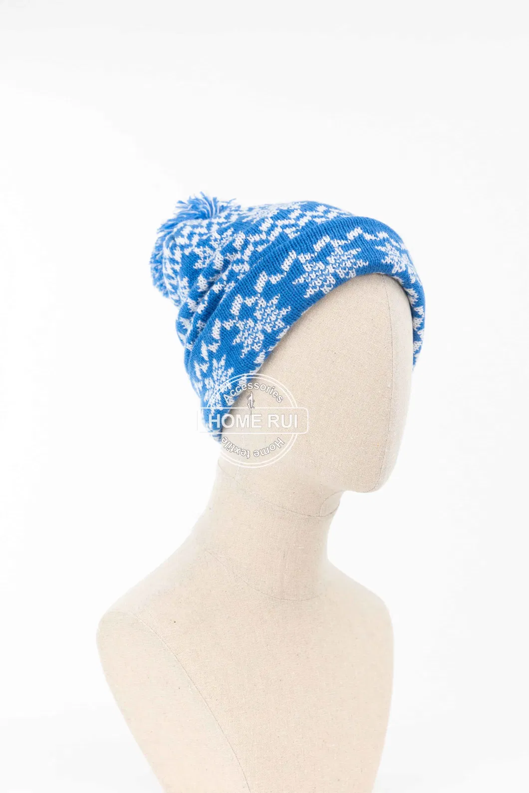 Women Warm Soft Slouchy Acrylic Fold Edge Blue White Pompom Jacquard Snowy Design Bonnet Casual Hat Beanie