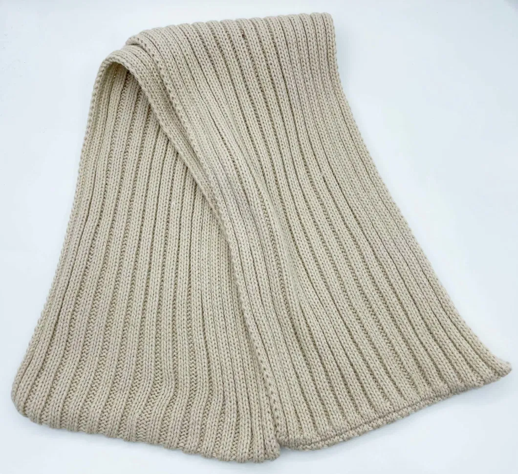 Solid Beige Color Acrylic Yarn Rib Knit Bobble Beanie Hat Scarf and Gloves