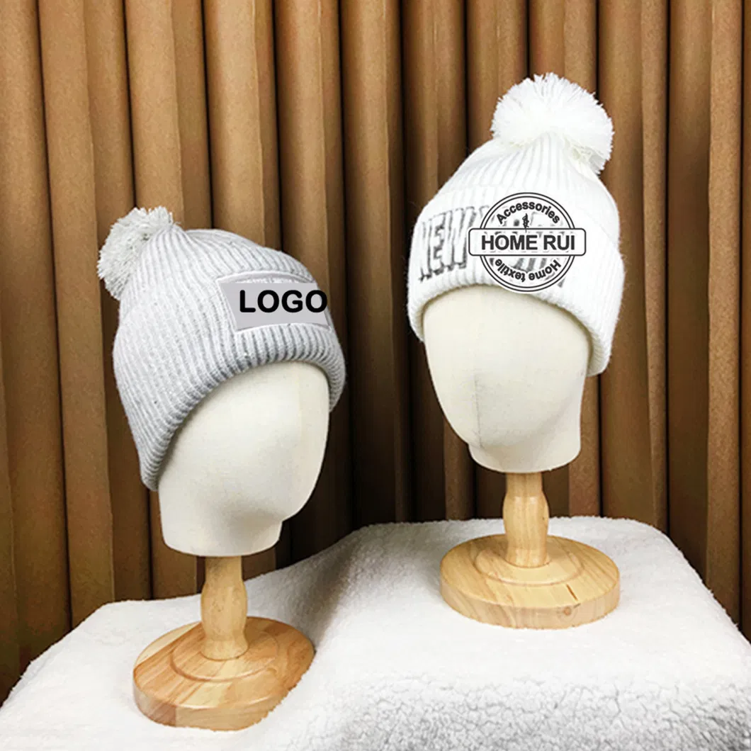 Custom Logo Beanies for Women Unisex Winter White POM POM 3D Embroidery Letter Patch Knitted Hats Ribbed Chunky Knit Warm Caps